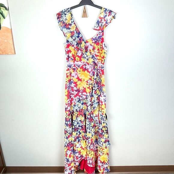 Lulu's Radiant Ruby Red Floral Print Chiffon Maxi Dress XS NWT - Picture 4 of 8